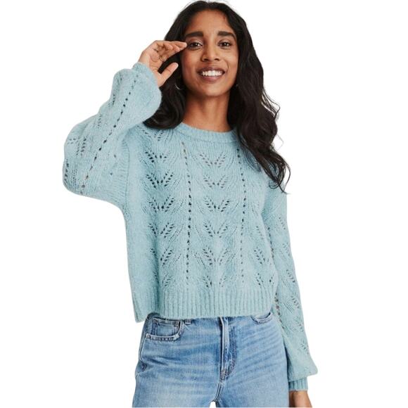 American Eagle Wool Blend Crochet Open Knit Sweater Teal Whimsy Fairy Coquette M - Picture 1 of 12